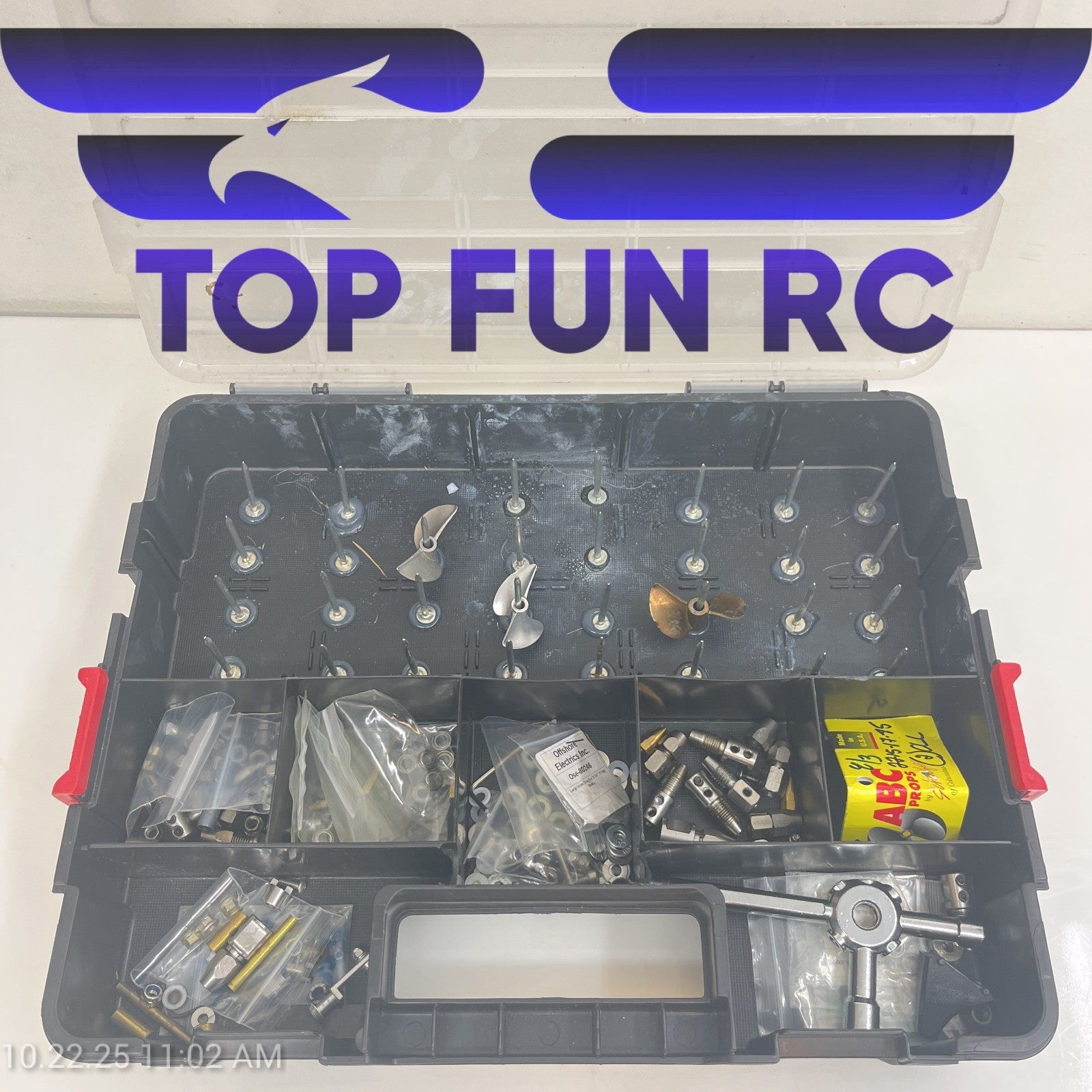 RC Assorted Propellers & Boat Parts Couplers/Props/Tools Comes w/ Plastic Case