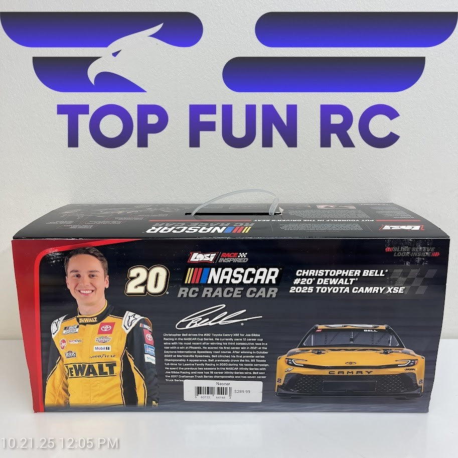 Losi RC Nascar 1/12 Scale #20 Christopher Bell Dewalt 2025 Toyota Camry XSE RTR