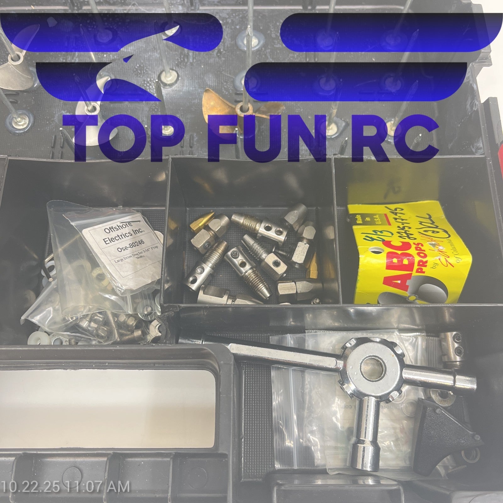 RC Assorted Propellers & Boat Parts Couplers/Props/Tools Comes w/ Plastic Case