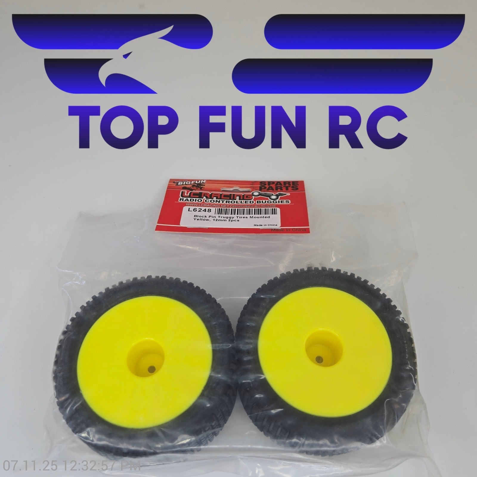 LC Racing L6248 Block Pin Truggy Tires Mounted Yellow 12mm 2pcs