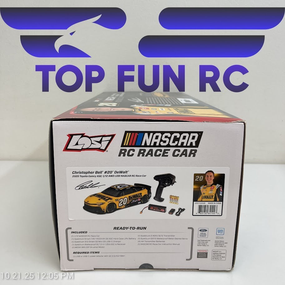 Losi RC Nascar 1/12 Scale #20 Christopher Bell Dewalt 2025 Toyota Camry XSE RTR