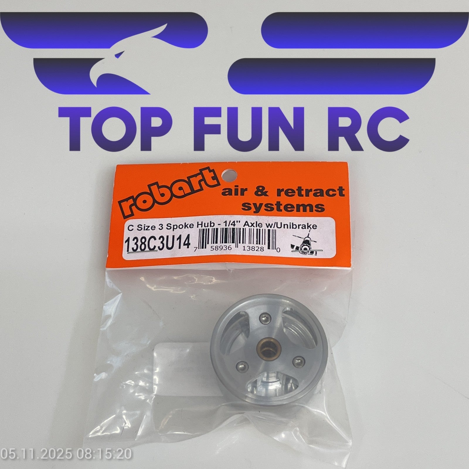 ROBART 138C3U14 C SIZE 3 SPOKE HUB FOR RC AIRPLANES W/ 1/4" AXLE W/ UNIBRAKE