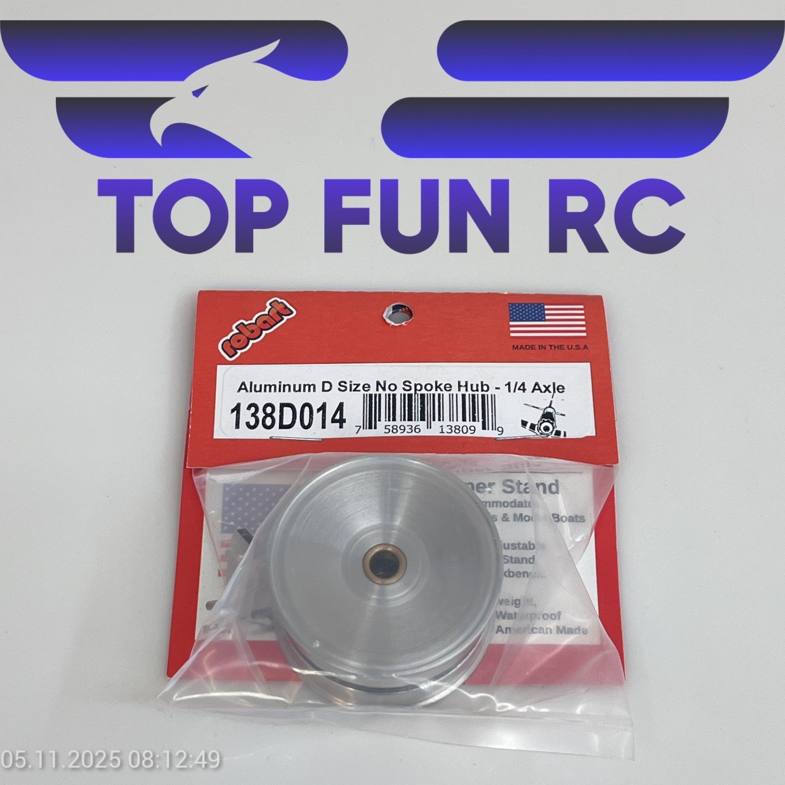 ROBART 138D014 ALUMINUM D SIZE NO SPOKE HUB FOR RC AIRPLANES W/ 1/4" AXLE