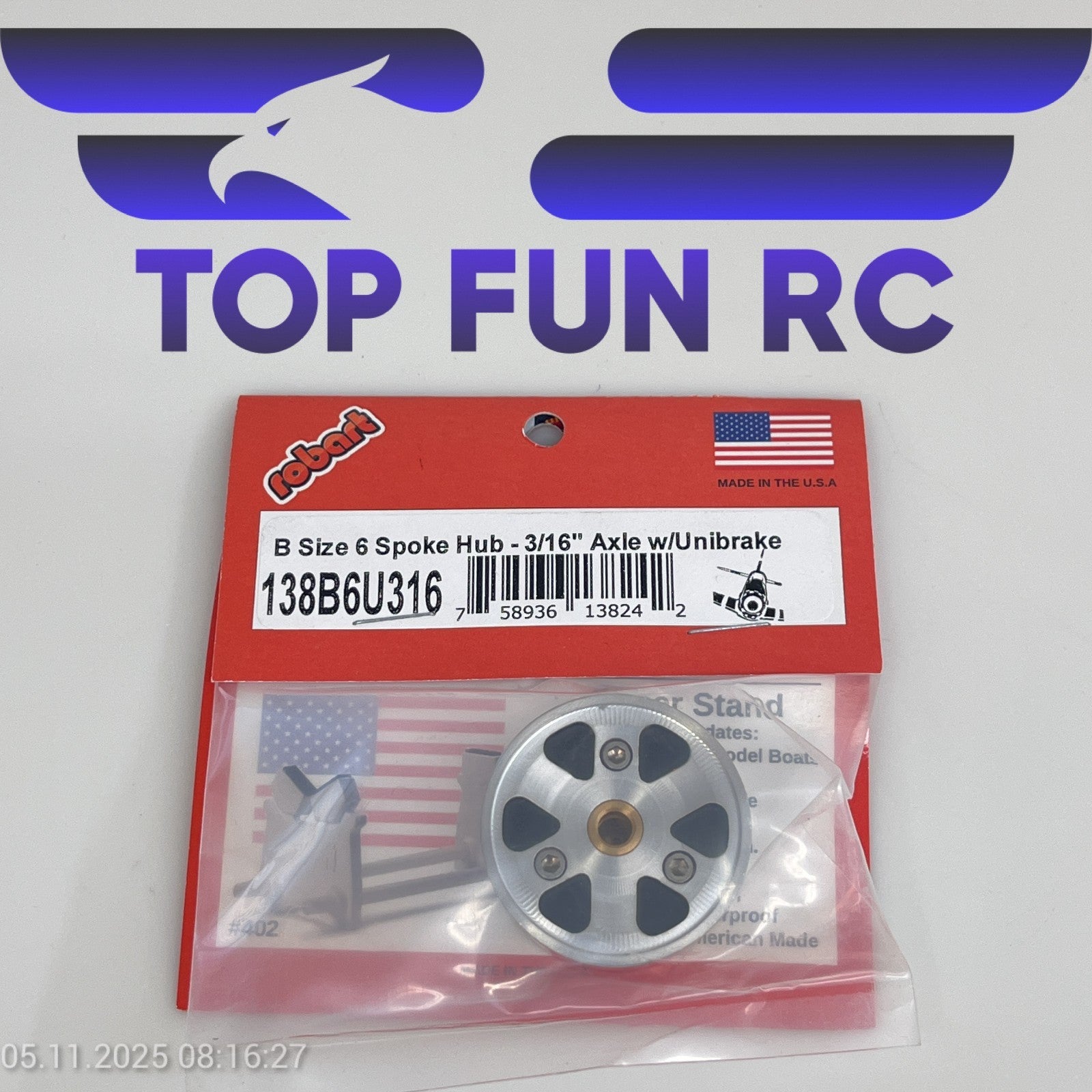 ROBART 138B6U316 B SIZE 6 SPOKE HUB FOR RC AIRPLANES W/ 3/16" AXLE W/ UNIBRAKE