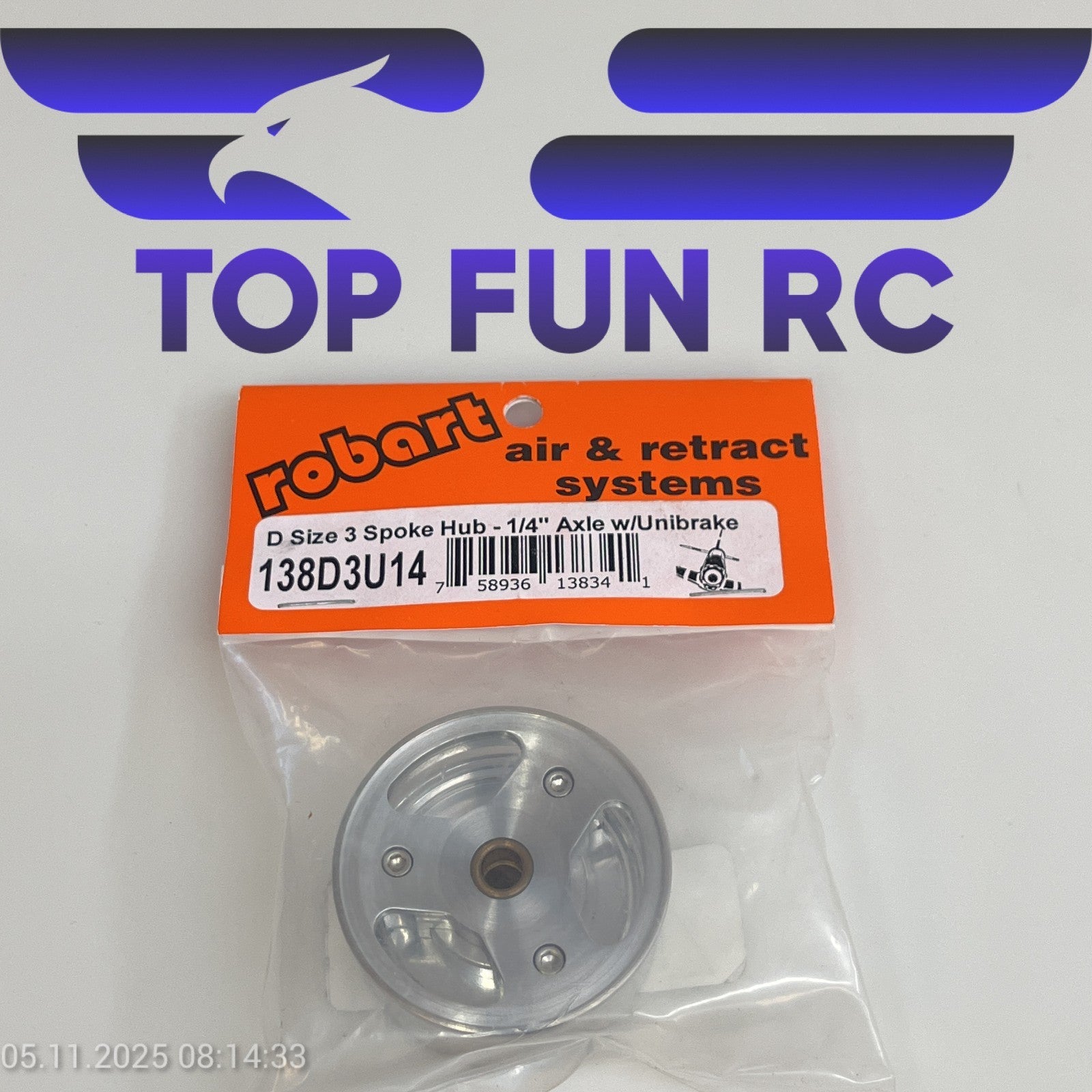 ROBART 138D3U14 D SIZE 3 SPOKE HUB FOR RC PLANES W/ 1/4" AXLE W/ UNIBRAKE