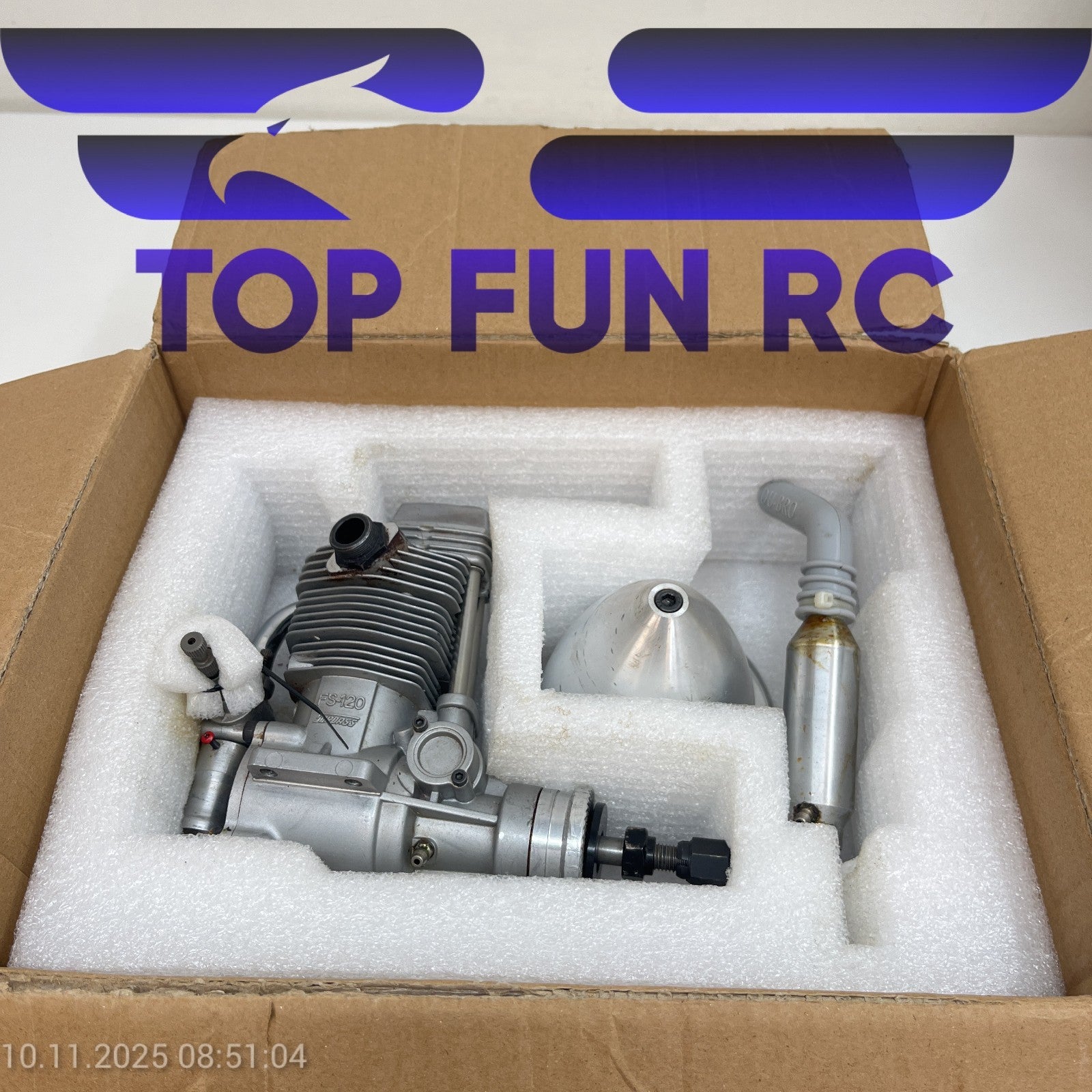OS FS-120S-E 4-STROKE NITRO RC AIRPLANE ENGINE W/ MUFFLER & ORIGINAL BOX