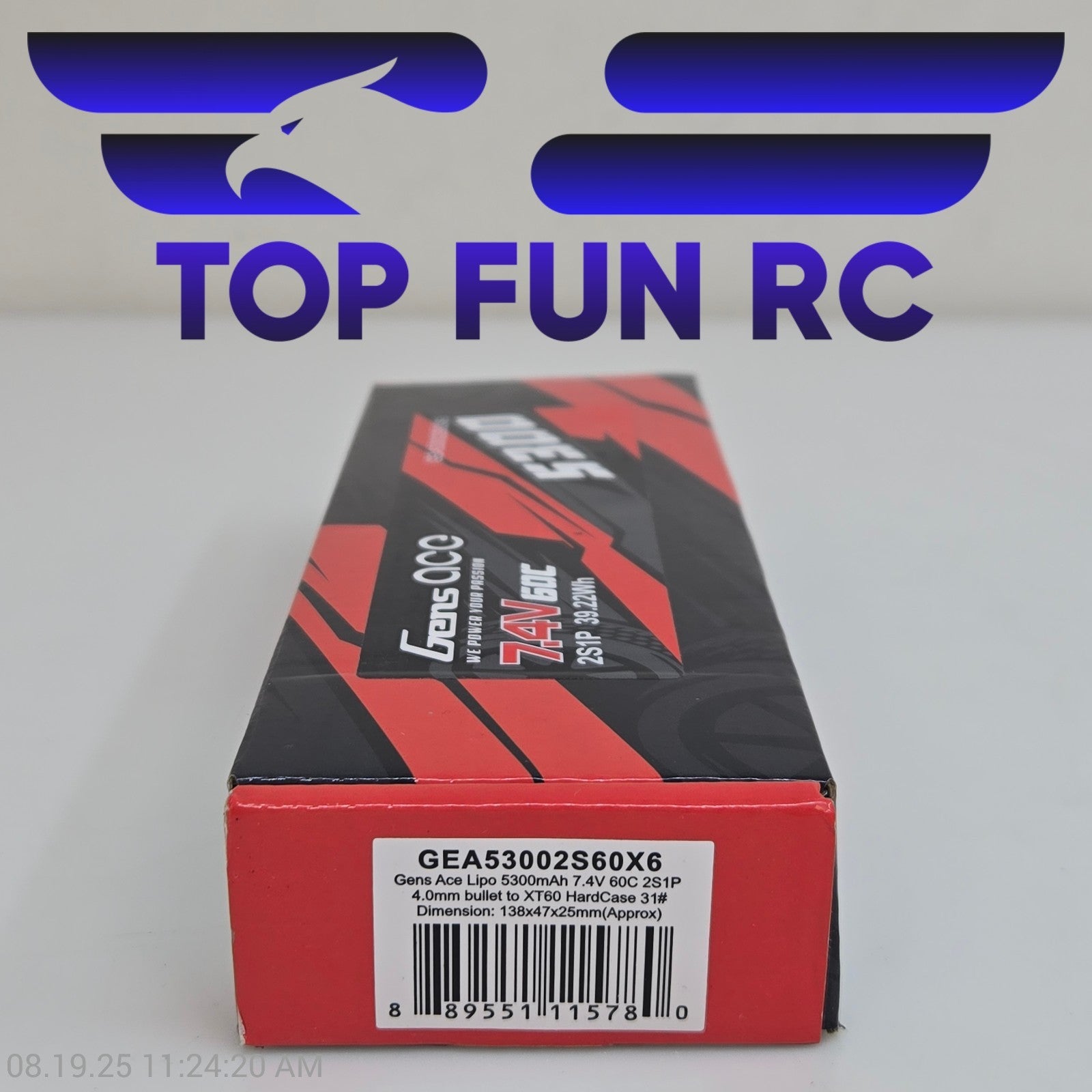 Gens Ace 7.4V 5300mAh 2S 60C Hardcase Lipo Battery: XT60