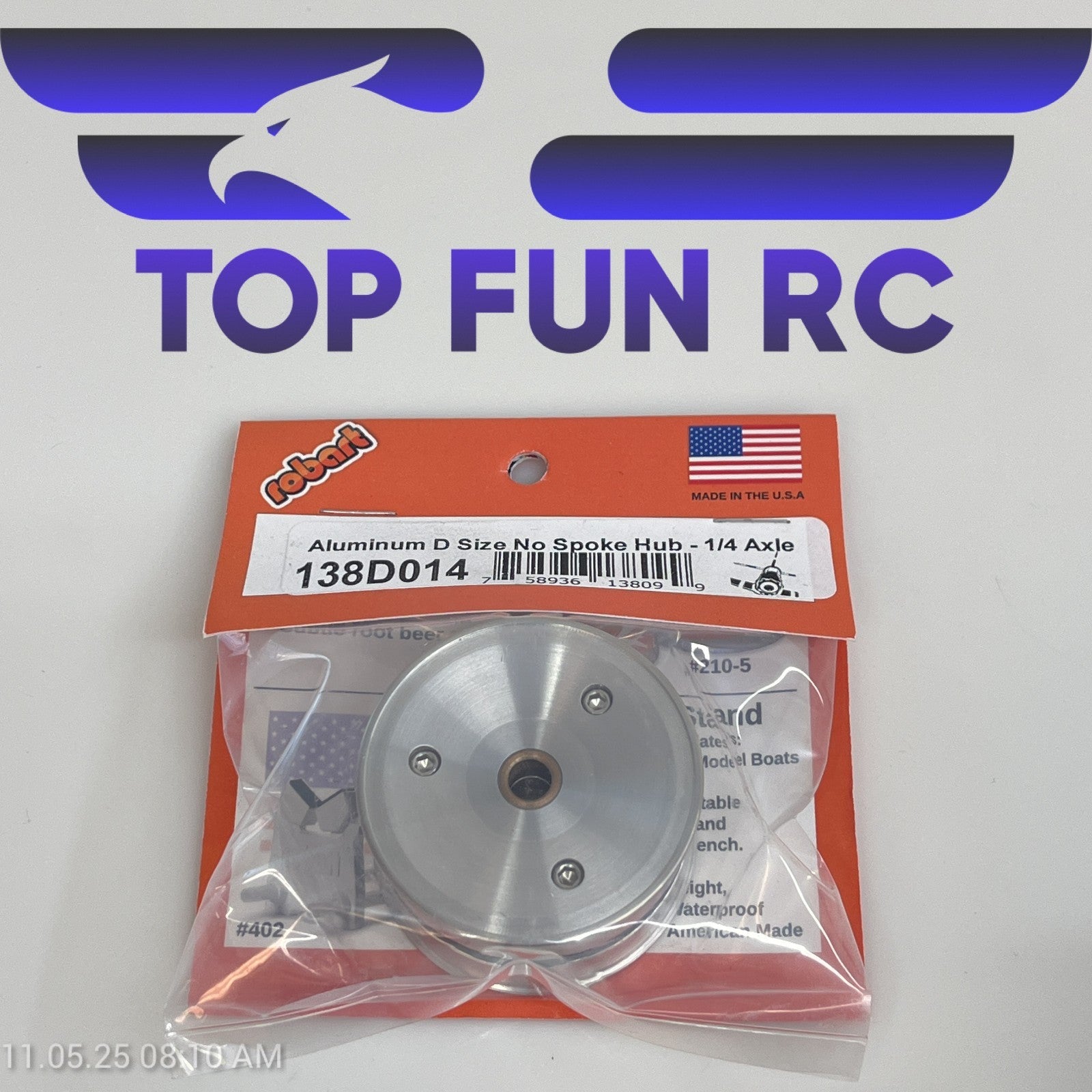 ROBART 138D014 ALUMINUM D SIZE NO SPOKE HUB FOR RC AIRPLANES W/ 1/4" AXLE
