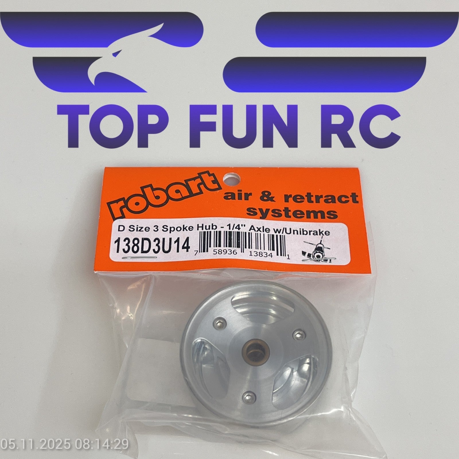 ROBART 138D3U14 D SIZE 3 SPOKE HUB FOR RC PLANES W/ 1/4" AXLE W/ UNIBRAKE