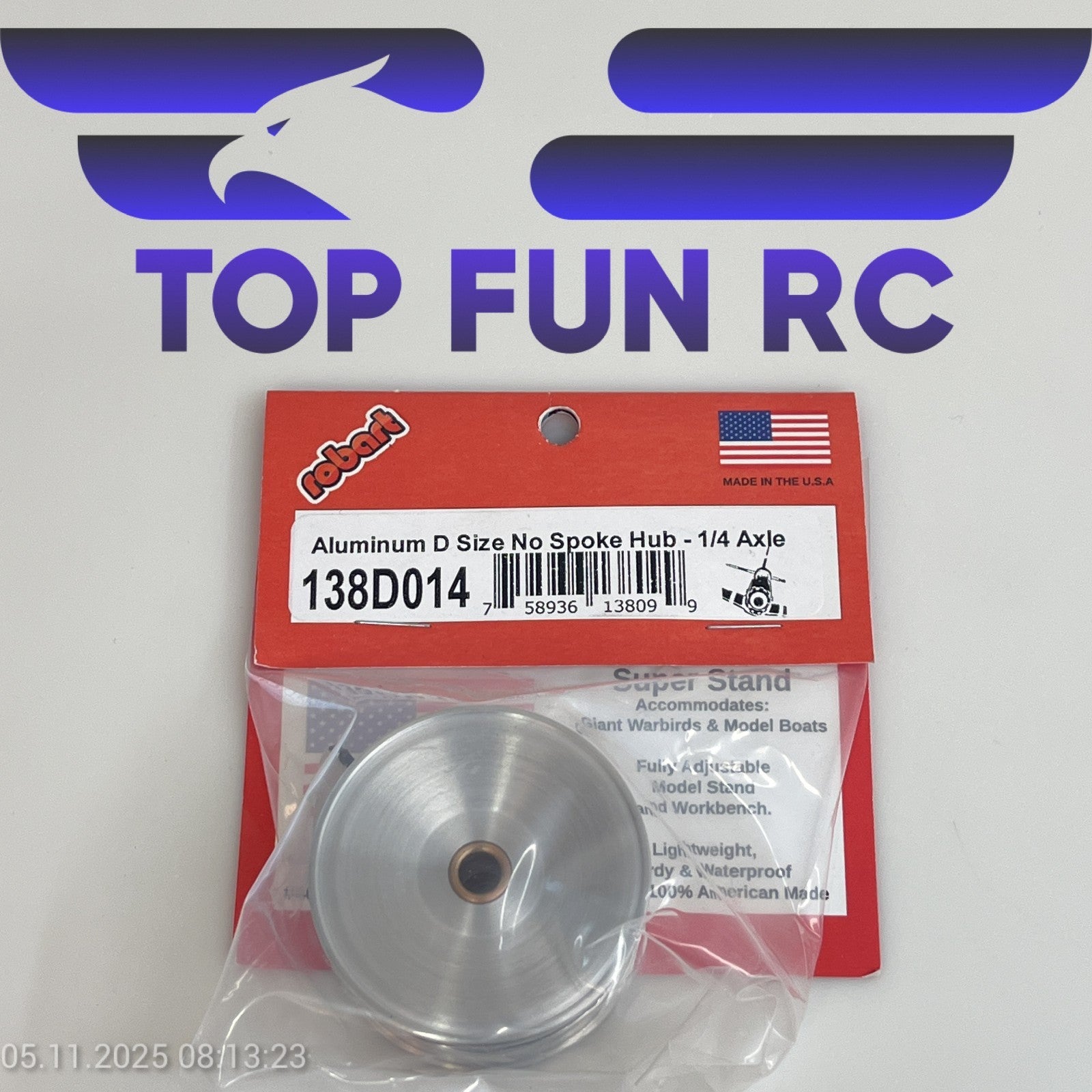 ROBART 138D014 ALUMINUM D SIZE NO SPOKE HUB FOR RC AIRPLANES W/ 1/4" AXLE