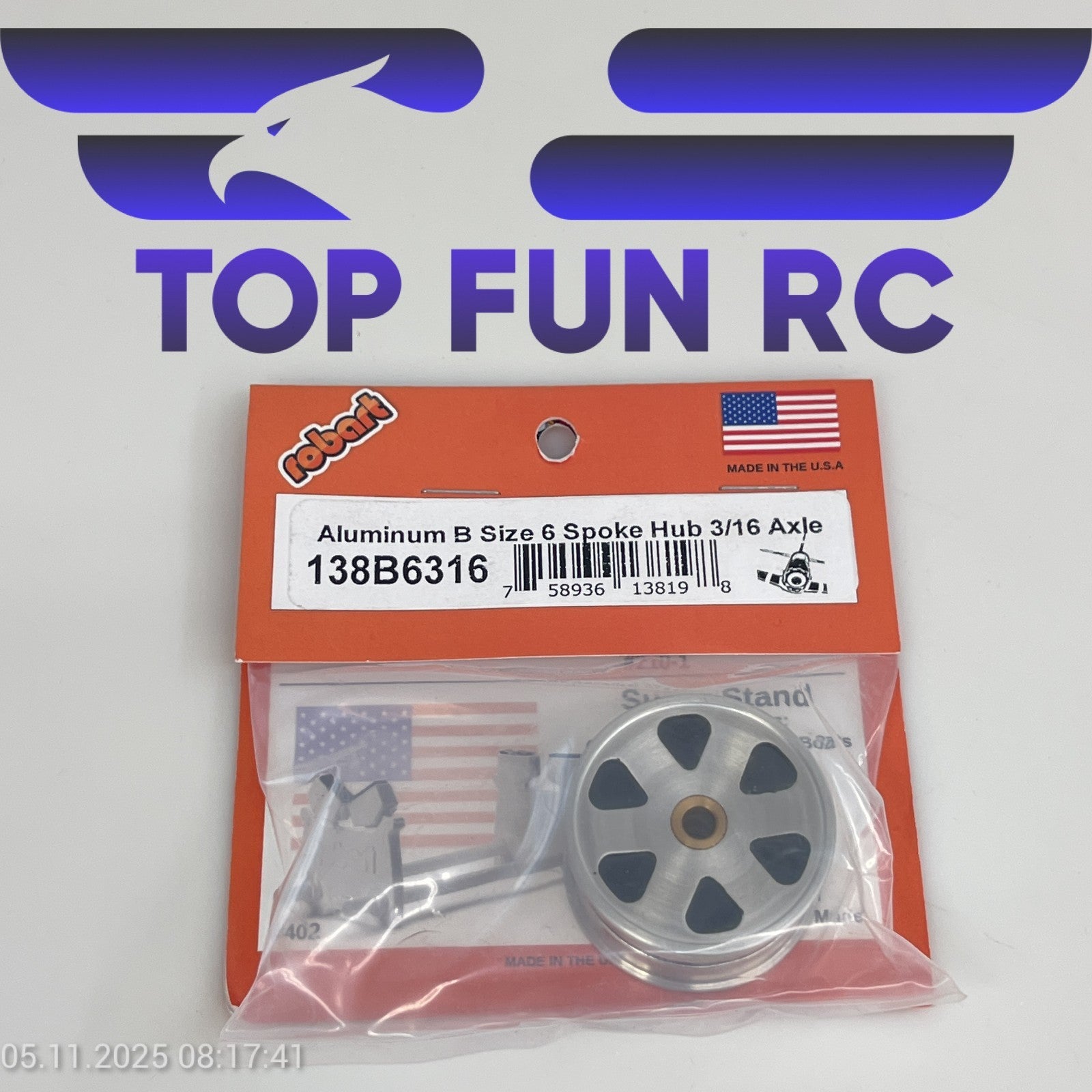 ROBART 138B6316 ALUMINUM B SIZE 6 SPOKE HUB FOR RC AIRPLANES W/ 3/16" AXLE