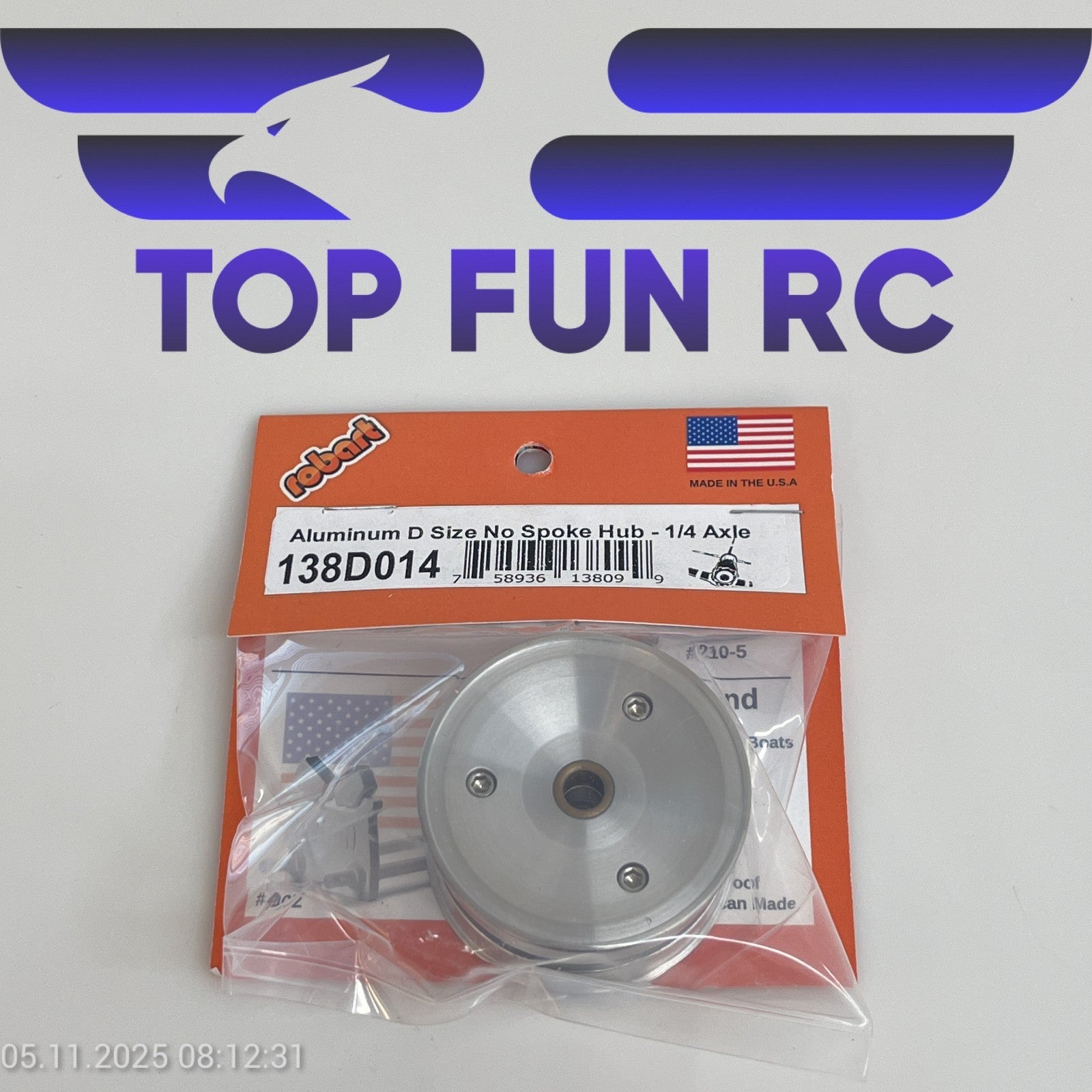 ROBART 138D014 ALUMINUM D SIZE NO SPOKE HUB FOR RC AIRPLANES W/ 1/4" AXLE