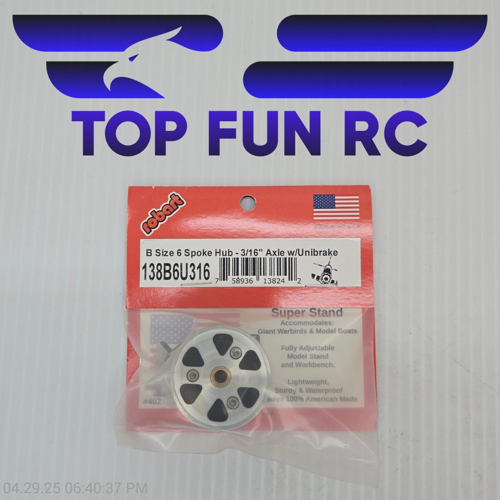 Robart RC 138B6U316 B Size 6 Spoke Hub-3/16" Axle w/ UniBrake