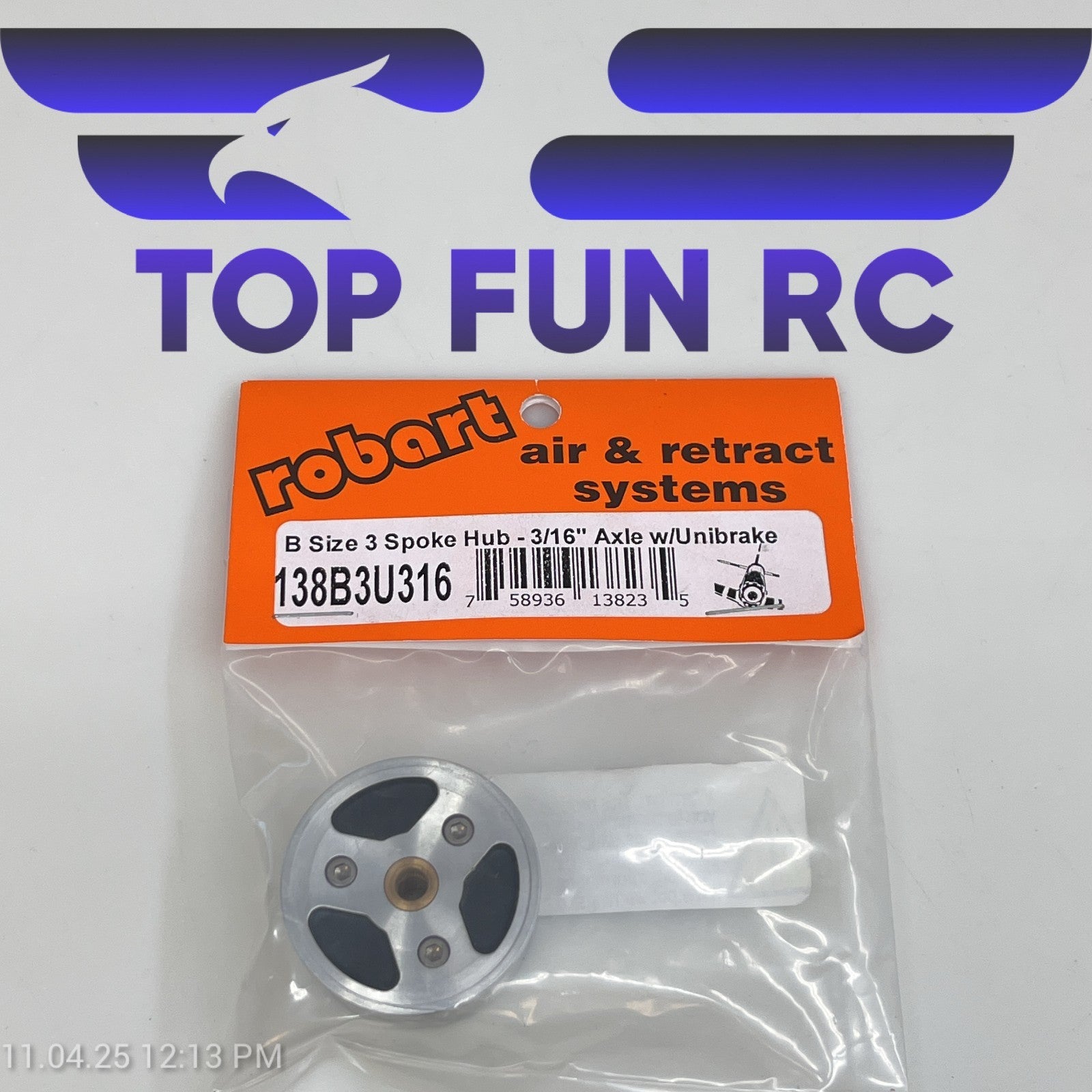 ROBART 138B3U316 B SIZE 3 SPOKE HUB FOR RC AIRPLANES W/ 3/16" AXLE W/ UNIBRAKE