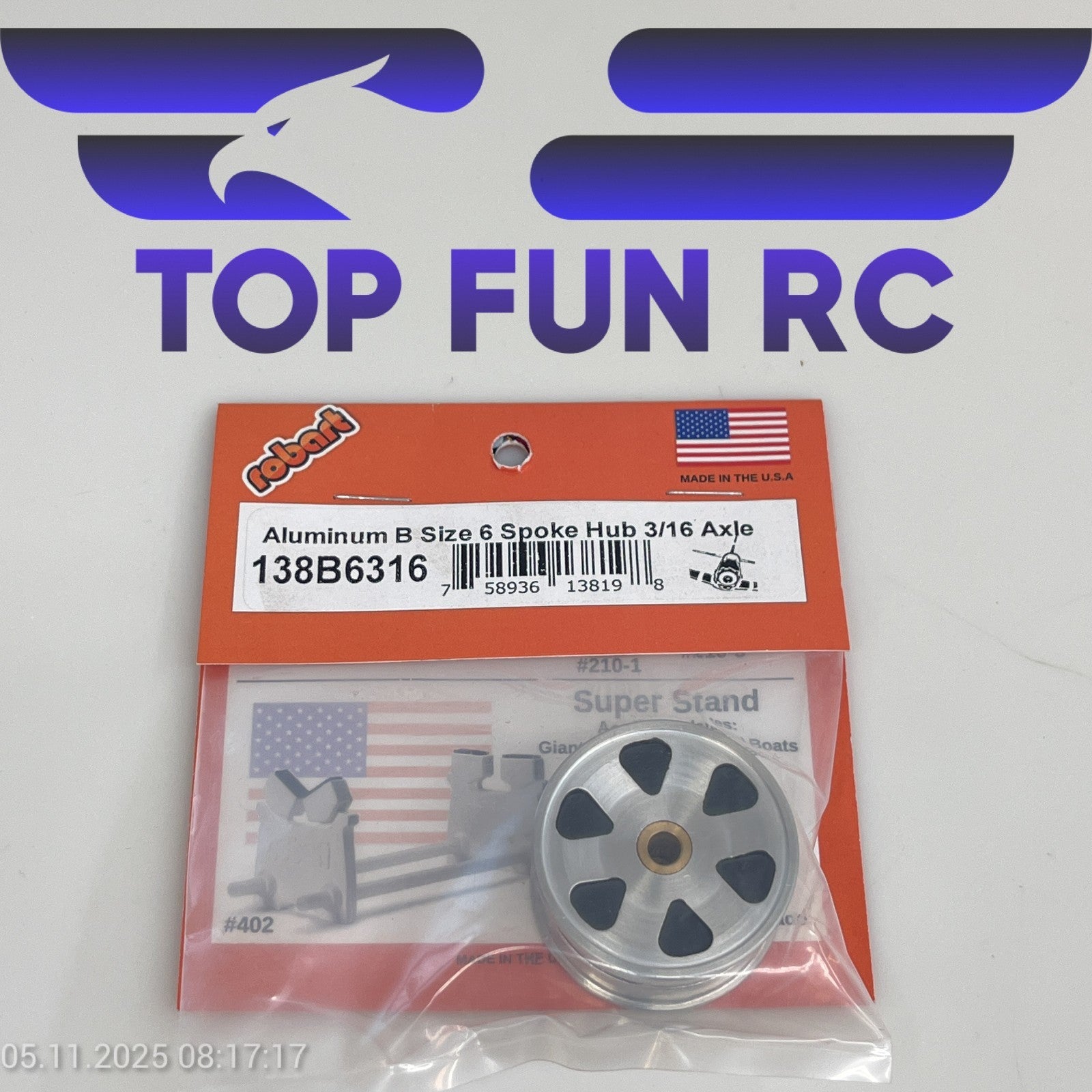 ROBART 138B6316 ALUMINUM B SIZE 6 SPOKE HUB FOR RC AIRPLANES W/ 3/16" AXLE