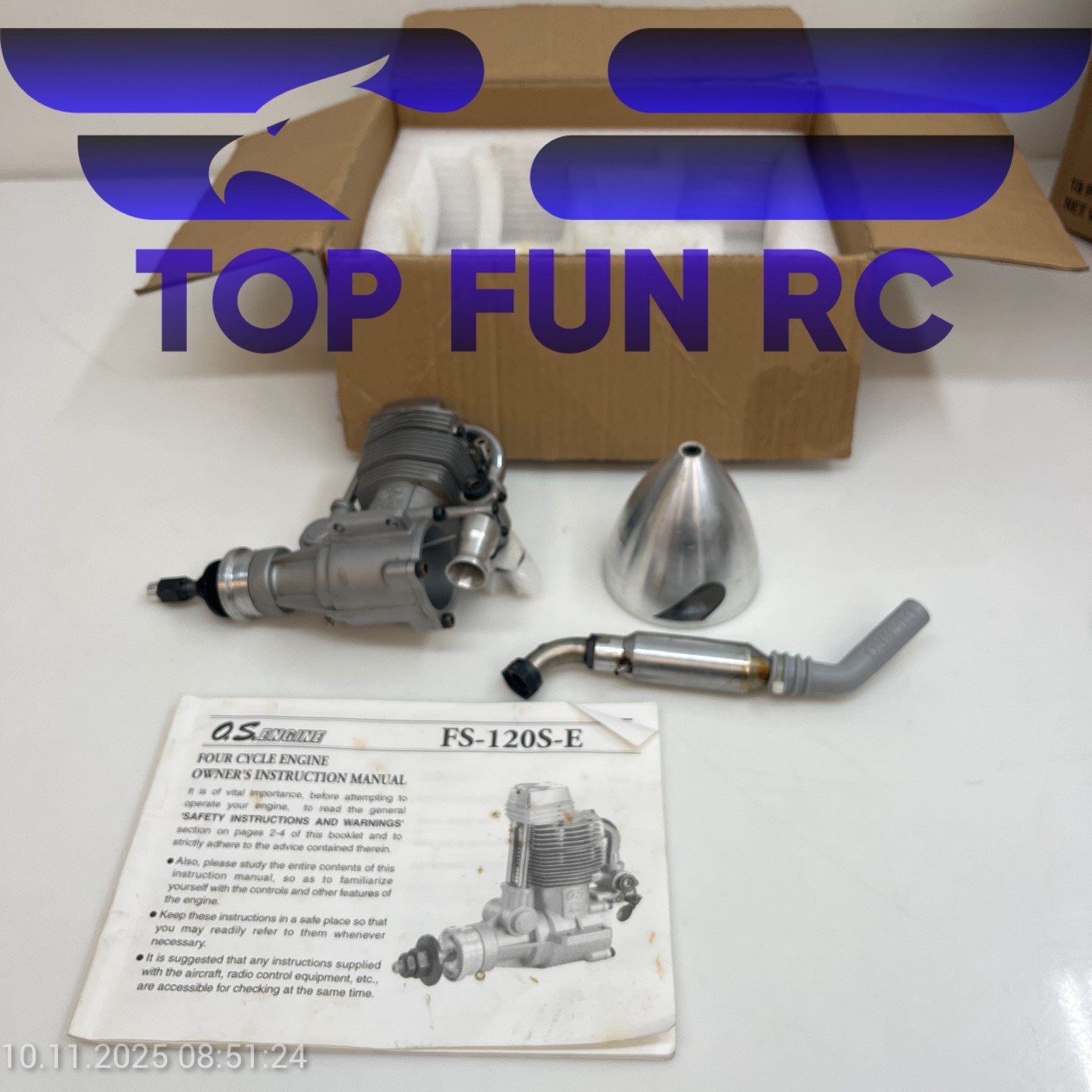 OS FS-120S-E 4-STROKE NITRO RC AIRPLANE ENGINE W/ MUFFLER & ORIGINAL BOX