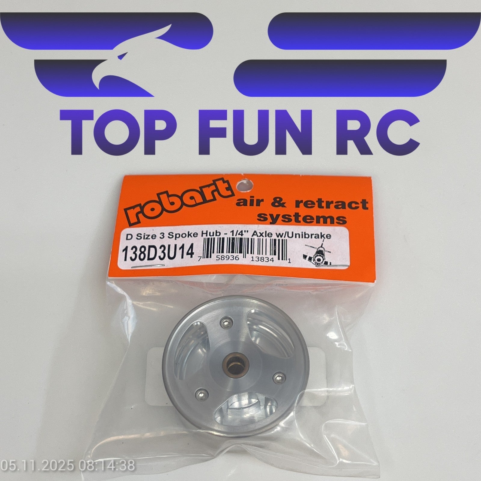 ROBART 138D3U14 D SIZE 3 SPOKE HUBE FOR RC AIRPLANES W/ 1/4" AXLE W/ UNIBRAKE