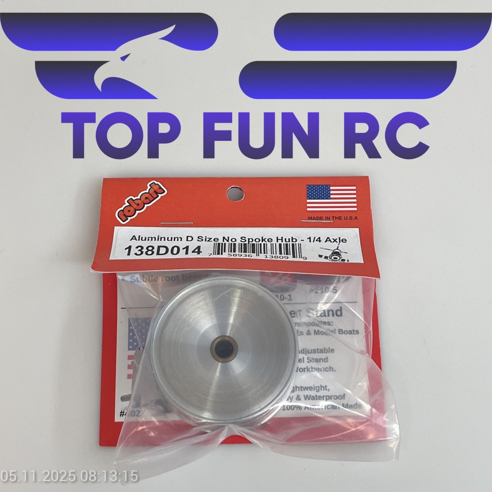 ROBART 138D014 ALUMINUM D SIZE NO SPOKE HUB FOR RC AIRPLANES W/ 1/4" AXLE