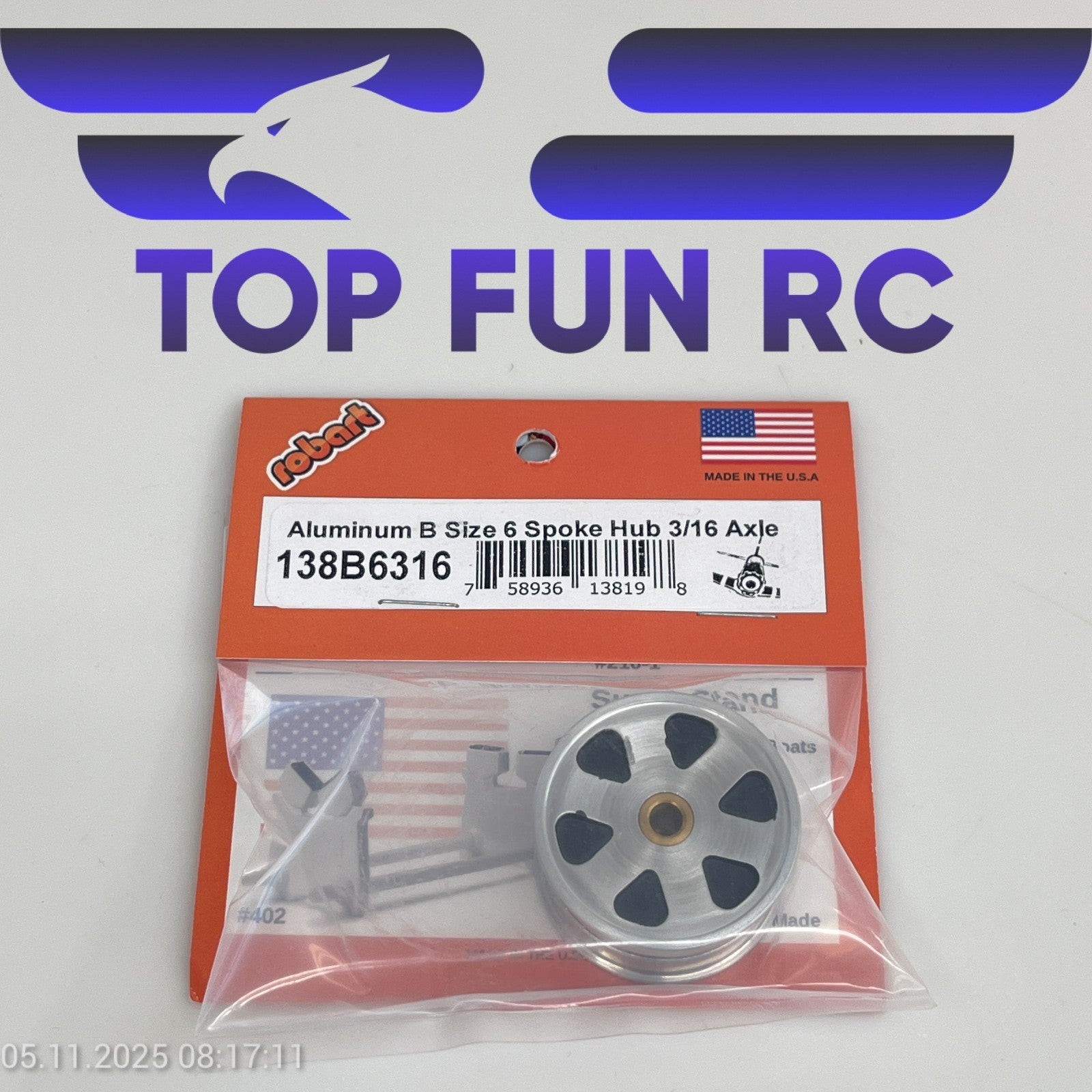 ROBART 138B6316 ALUMINUM B SIZE 6 SPOKE HUB FOR RC AIRPLANES W/ 3/16" AXLE