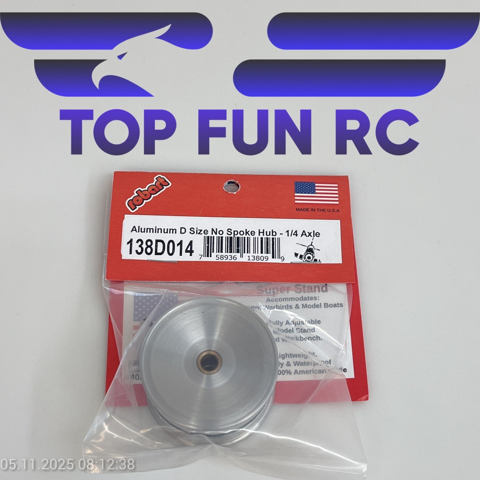 ROBART 138D014 ALUMINUM D SIZE NO SPOKE HUB FOR RC AIRPLANES W/ 1/4" AXLE