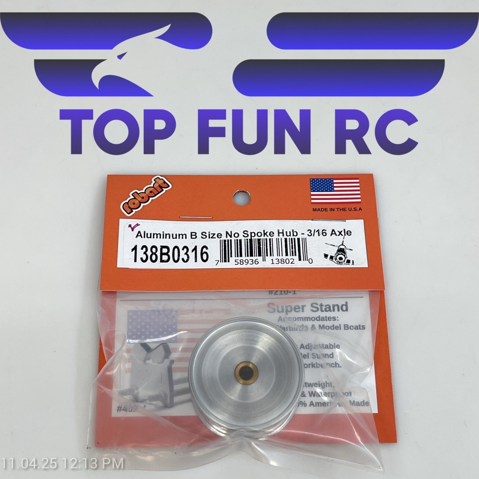 ROBART 138B0316 ALUMINUM B SIZE NO SPOKE HUB FOR RC AIRPLANES W/ 3/16" AXLE