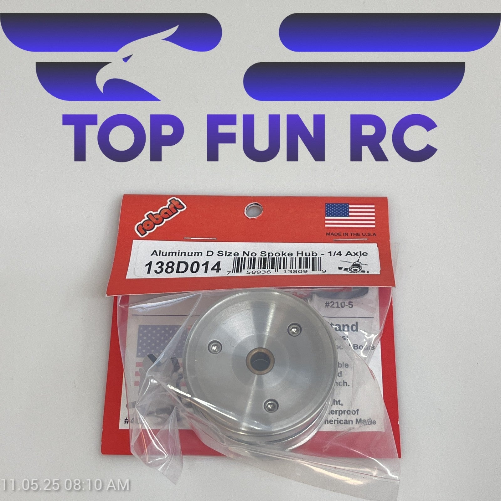 ROBART 138D014 ALUMINUM D SIZE NO SPOKE HUB FOR RC AIRPLANES W/ 1/4" AXLE