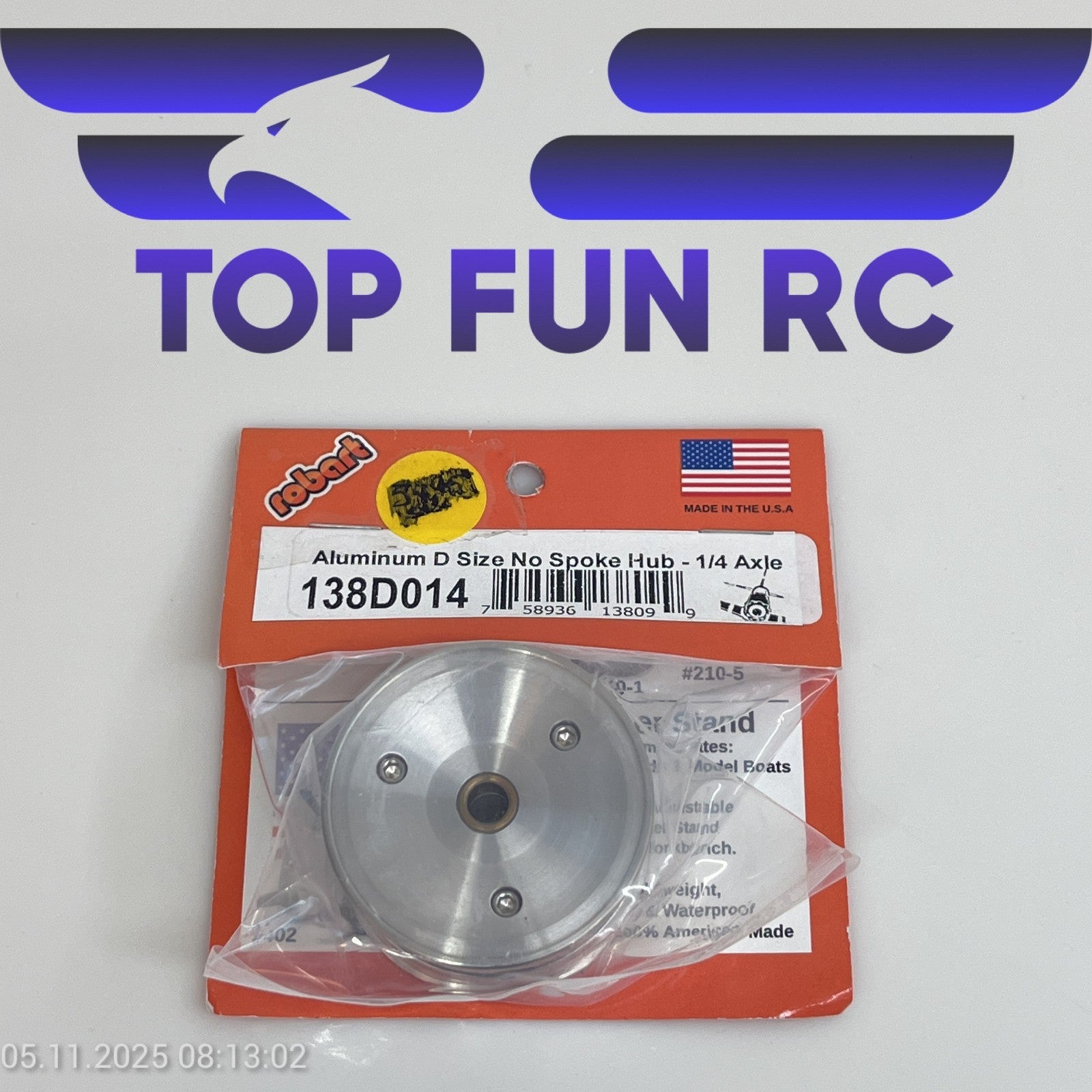 ROBART 138D014 ALUMINUM D SIZE NO SPOKE HUB FOR RC AIRPLANES W/ 1/4" AXLE