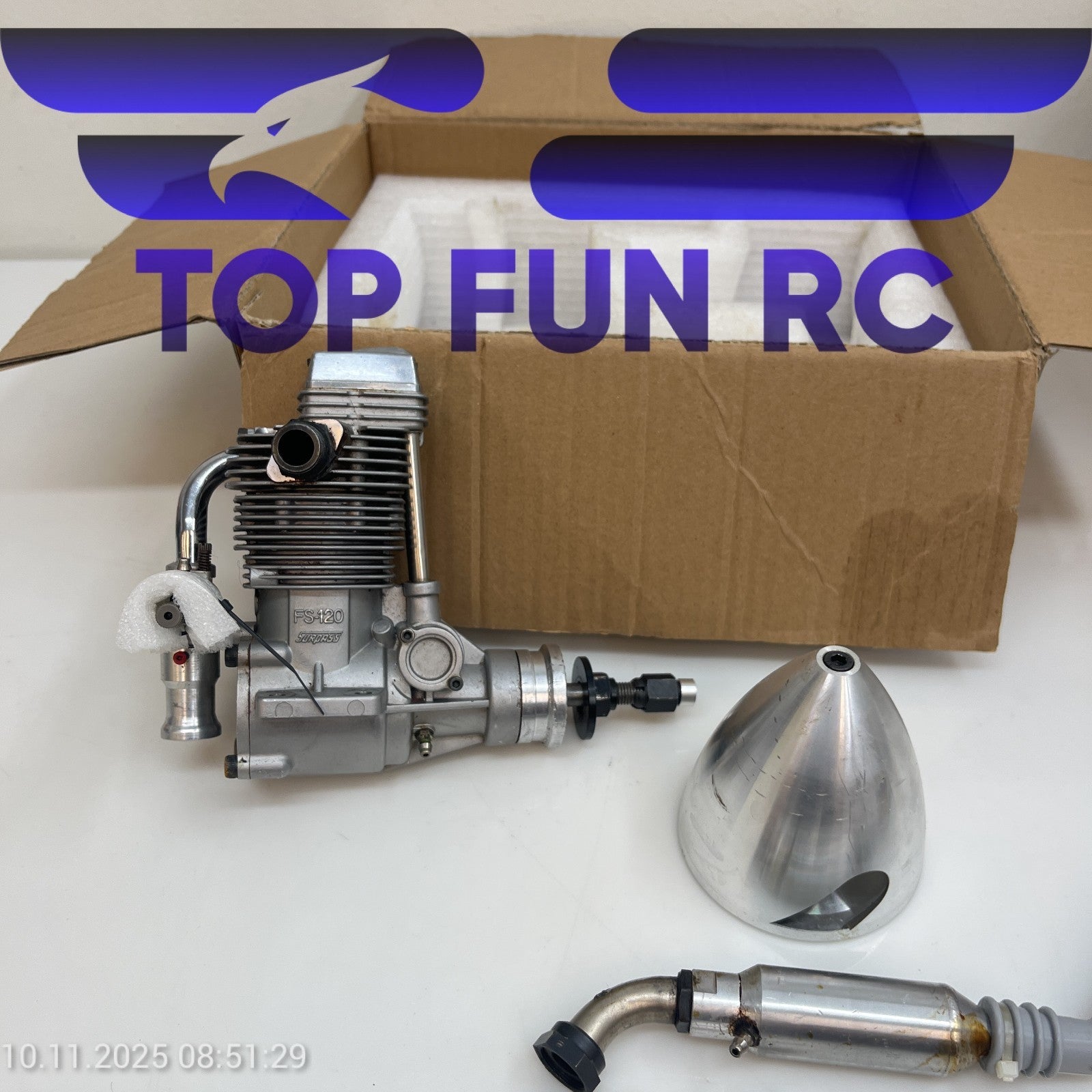 OS FS-120S-E 4-STROKE NITRO RC AIRPLANE ENGINE W/ MUFFLER & ORIGINAL BOX