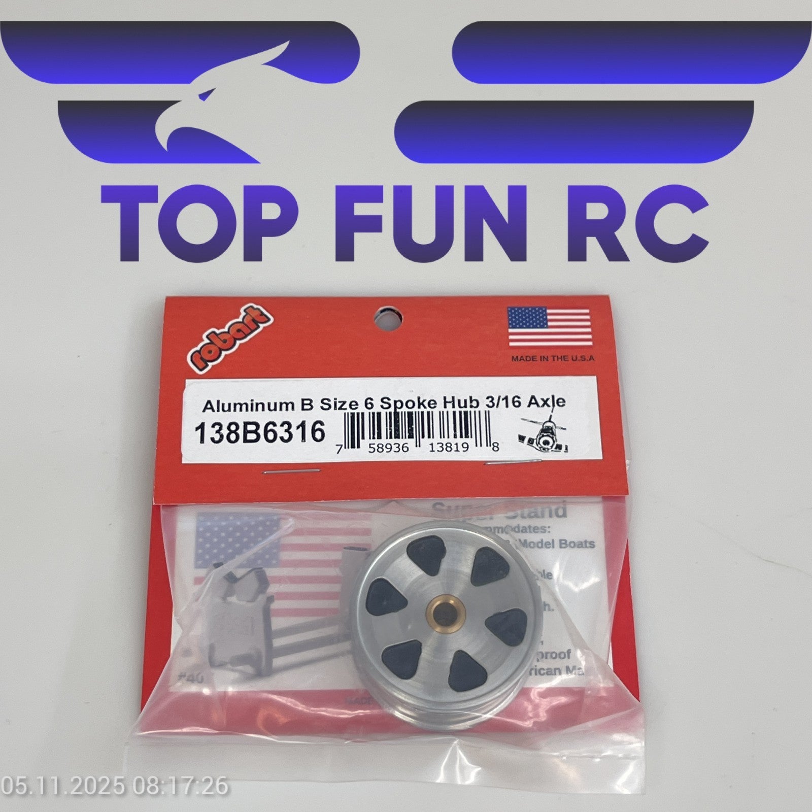 ROBART 138B6316 ALUMINUM B SIZE 6 SPOKE HUB FOR RC AIRPLANES W/ 3/16" AXLE