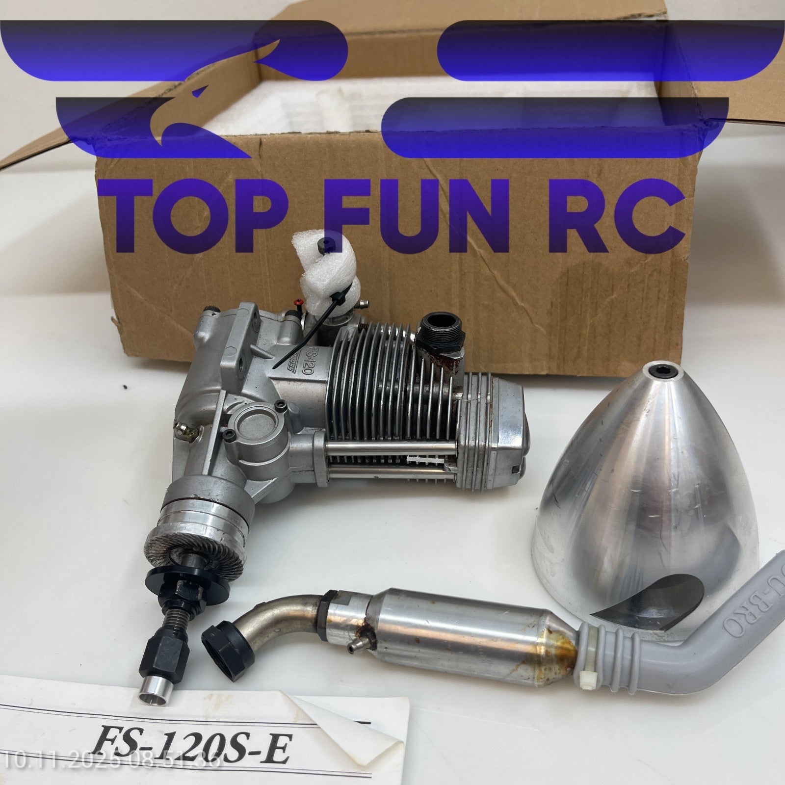 OS FS-120S-E 4-STROKE NITRO RC AIRPLANE ENGINE W/ MUFFLER & ORIGINAL BOX
