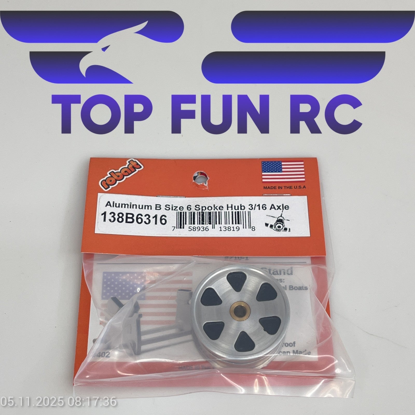 ROBART 138B6316 ALUMINUM B SIZE 6 SPOKE HUB FOR RC AIRPLANES W/ 3/16" AXLE