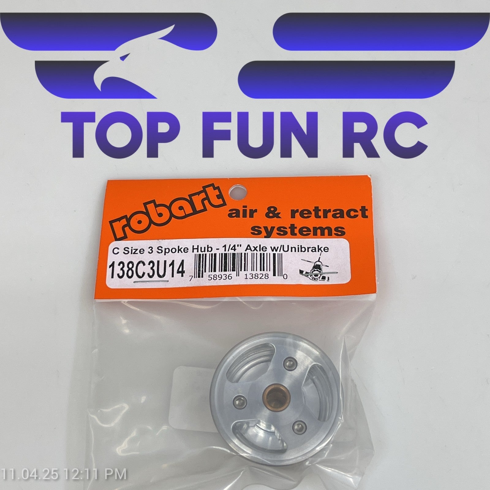 ROBART 138C3U14 C SIZE 3 SPOKE HUB FOR RC AIRPLANES W/ 1/4" AXLE W/ UNIBRAKE