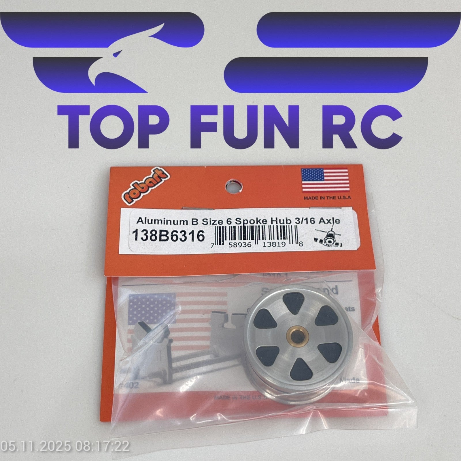 ROBART 138B6316 ALUMINUM B SIZE 6 SPOKE HUB FOR RC AIRPLANES W/ 3/16" AXLE