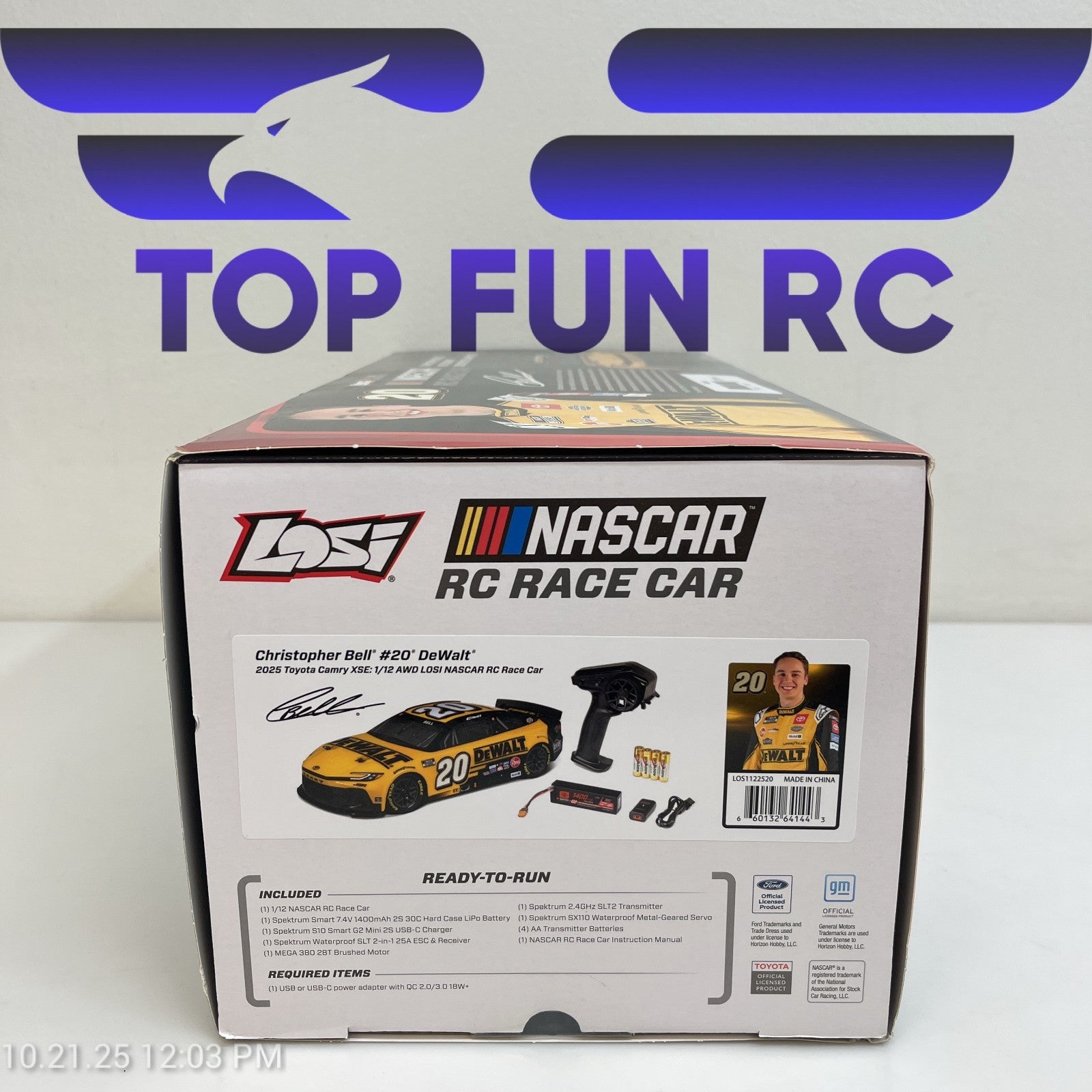 Losi RC Nascar 1/12 Scale #20 Christopher Bell Dewalt 2025 Toyota Camry XSE RTR