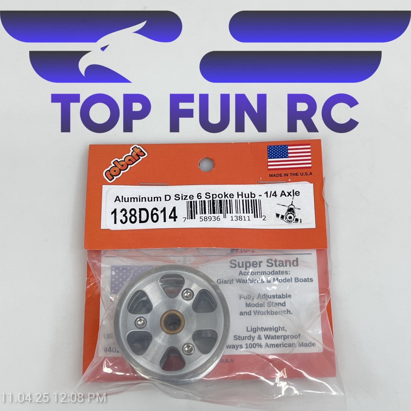 ROBART 138D614 ALUMINUM D SIZE 6 SPOKE HUB FOR RC AIRPLANES W/ 1/4" AXLE