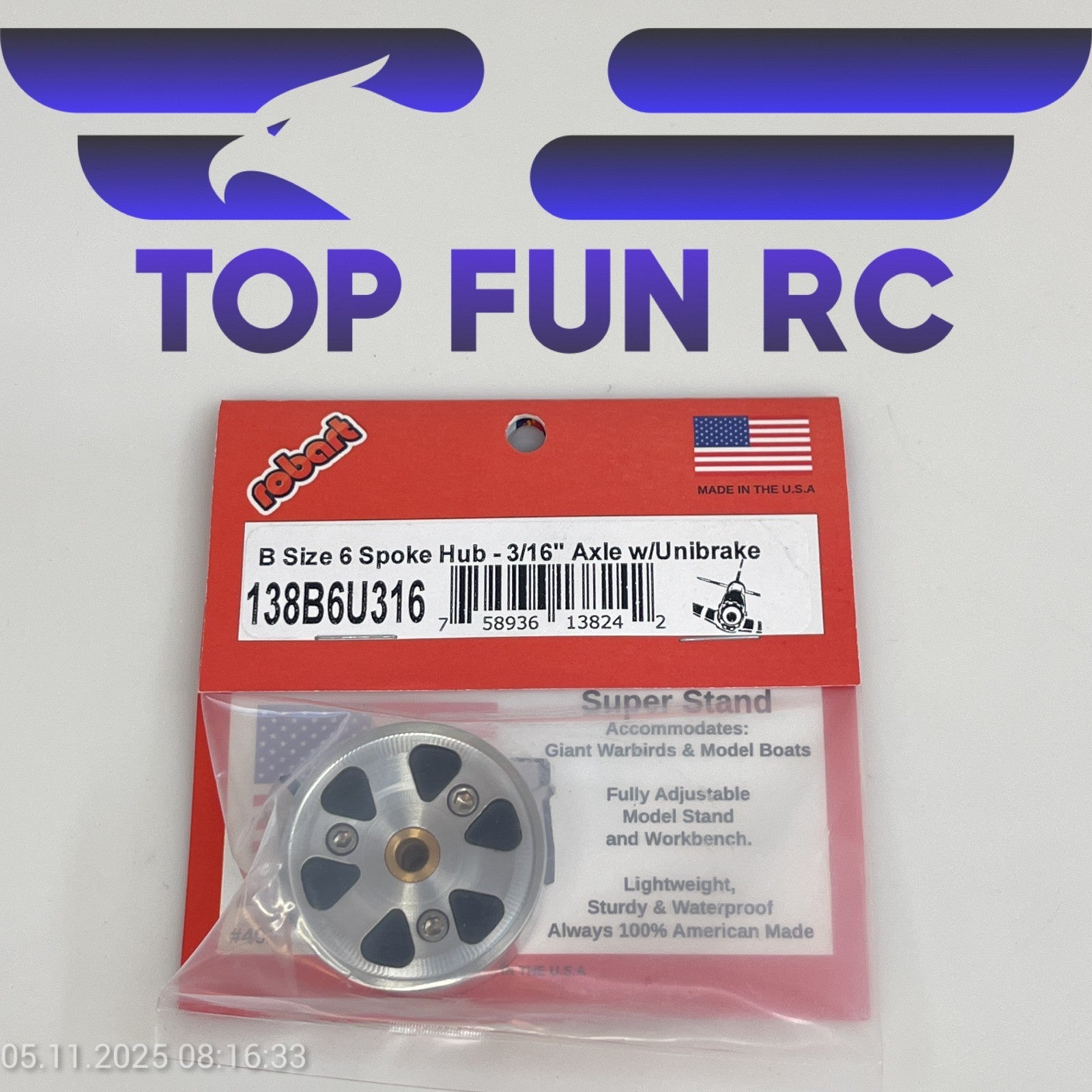 ROBART 138B6U316 B SIZE 6 SPOKE HUB FOR RC AIRPLANES W/ 3/16" AXLE W/ UNIBRAKE