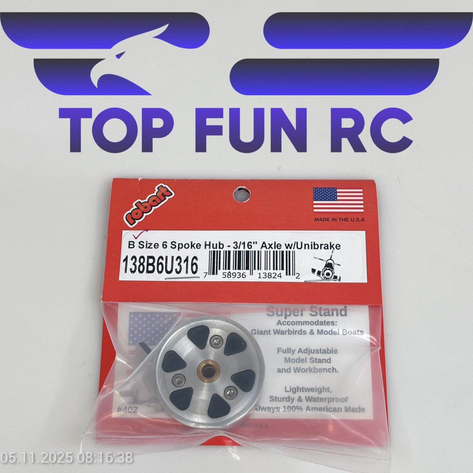 ROBART 138B6U316 B SIZE 6 SPOKE HUB FOR RC AIRPLANES W/ 3/16" AXLE W/ UNIBRAKE
