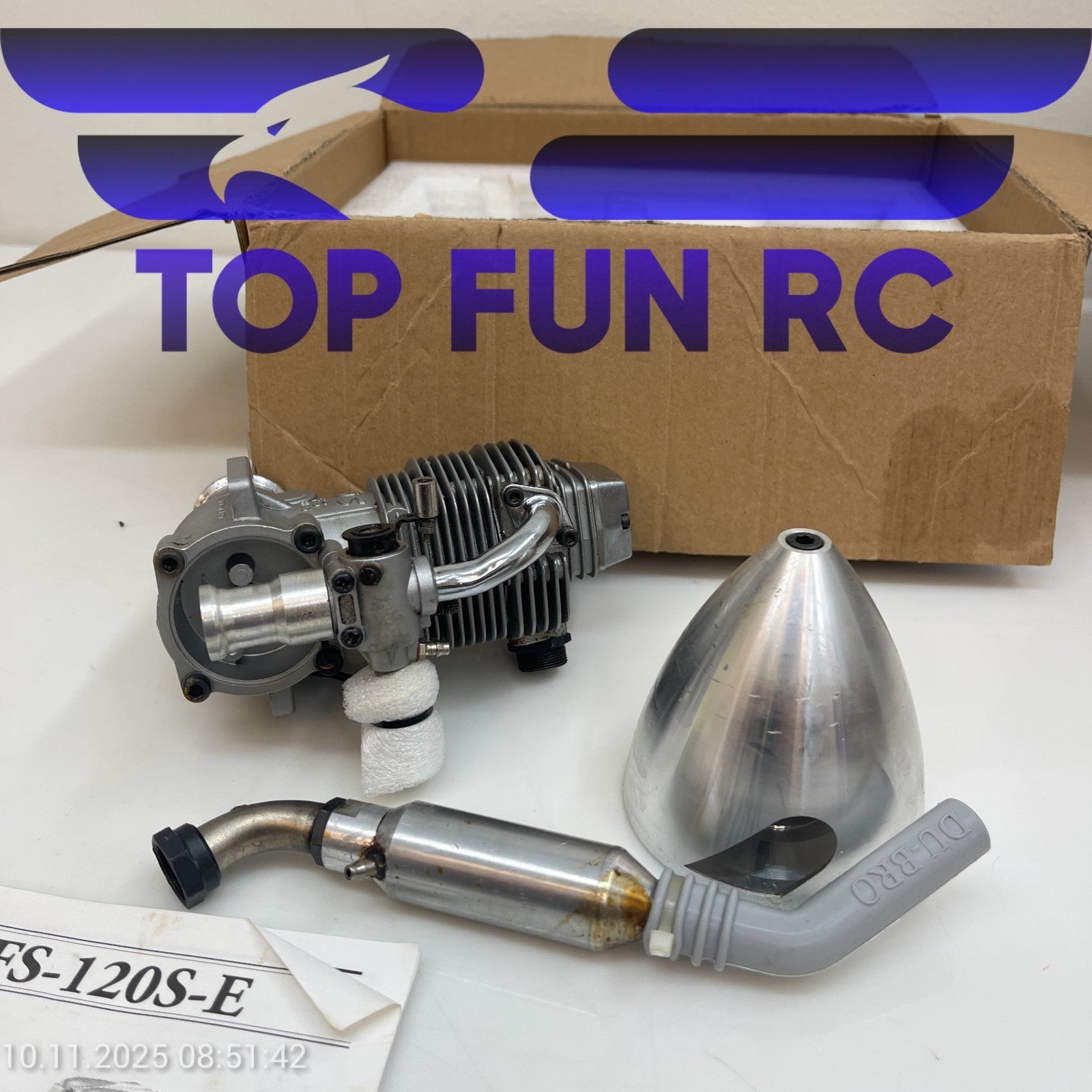 OS FS-120S-E 4-STROKE NITRO RC AIRPLANE ENGINE W/ MUFFLER & ORIGINAL BOX