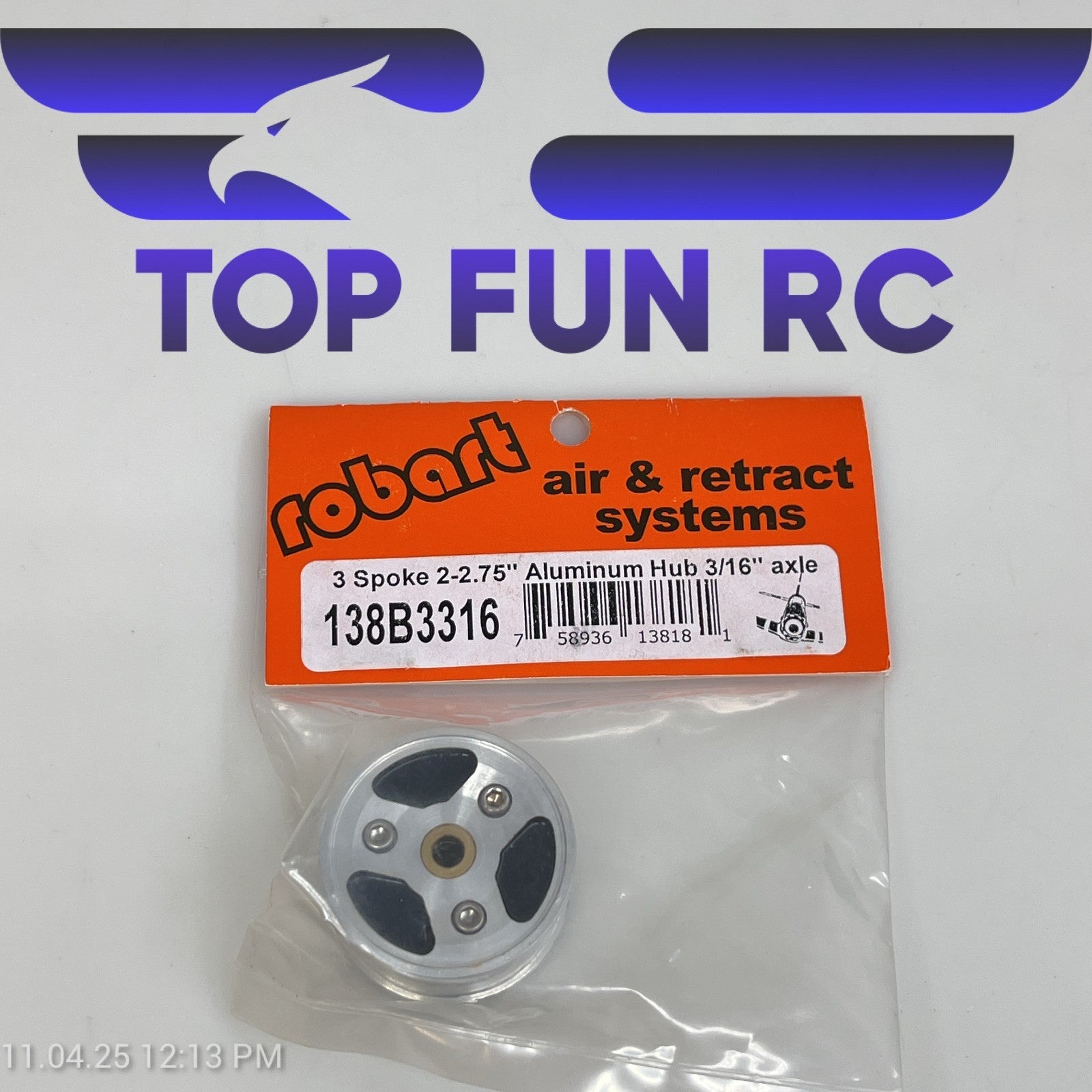 ROBART 138B3316 3 SPOKE 2-2.75" ALUMINUM HUB FOR RC AIRPLANES W/ 3/16" AXLE