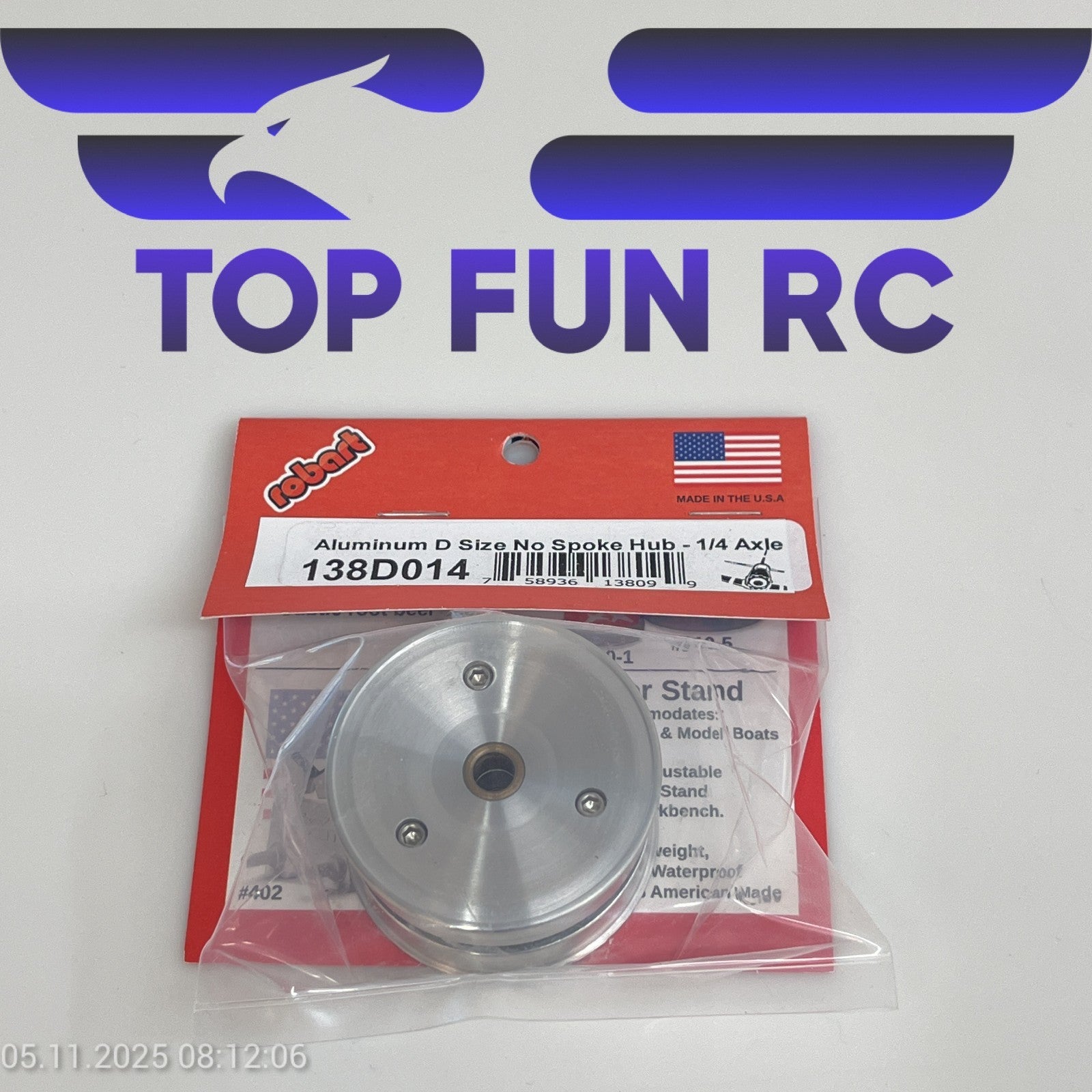 ROBART 138D014 ALUMINUM D SIZE NO SPOKE HUB FOR RC AIRPLANES W/ 1/4" AXLE