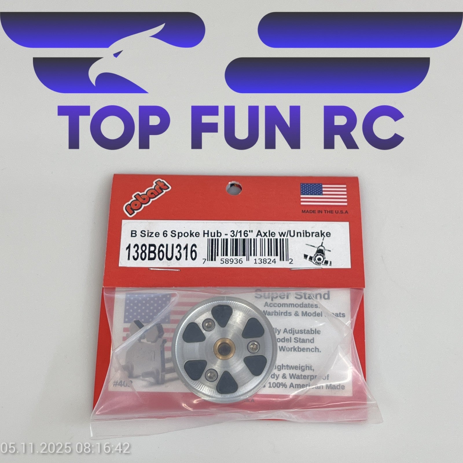 ROBART 138B6U316 B SIZE 6 SPOKE HUB FOR RC AIRPLANES W/ 3/16" AXLE W/ UNIBRAKE
