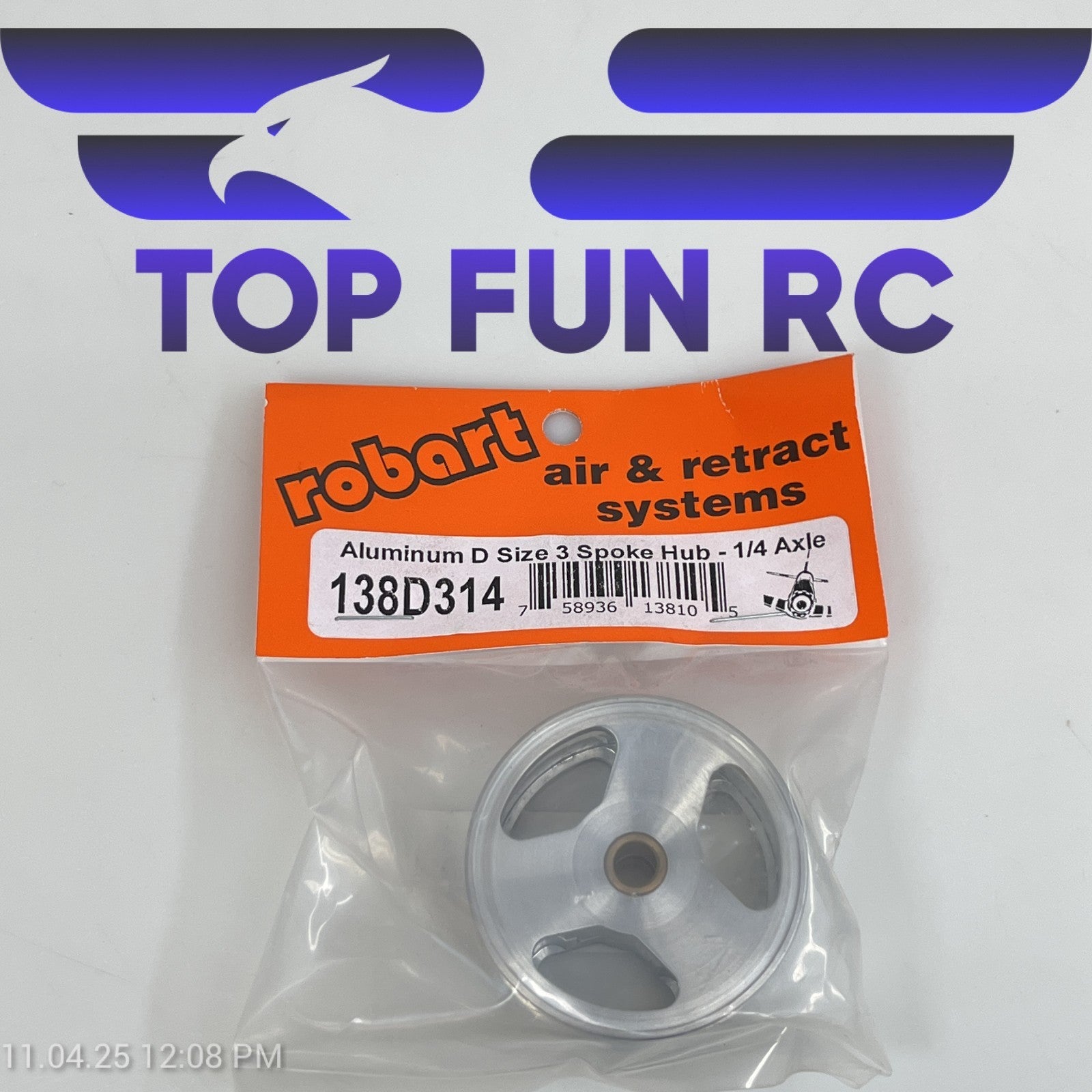 ROBART 138D314 ALUMINUM D SIZE 3 SPOKE HUB FOR RC AIRPLANES W/ 1/4" AXLE