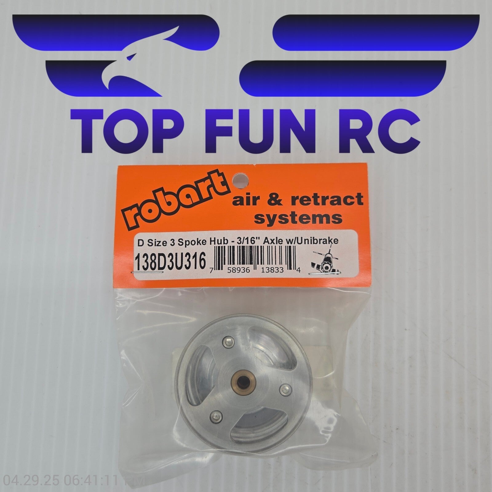 Robart RC 138D3U316 D Size 3 Spoke Hub-3/16" Axle w/ UniBrake