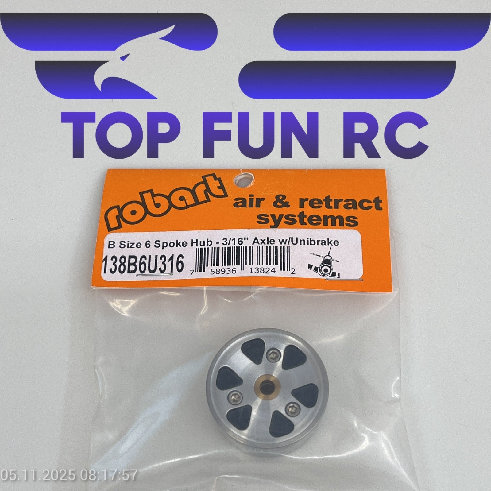 ROBART 138B6U316 B SIZE 6 SPOKE HUB FOR RC AIRPLANES W/ 3/16" AXLE W/ UNIBRAKE
