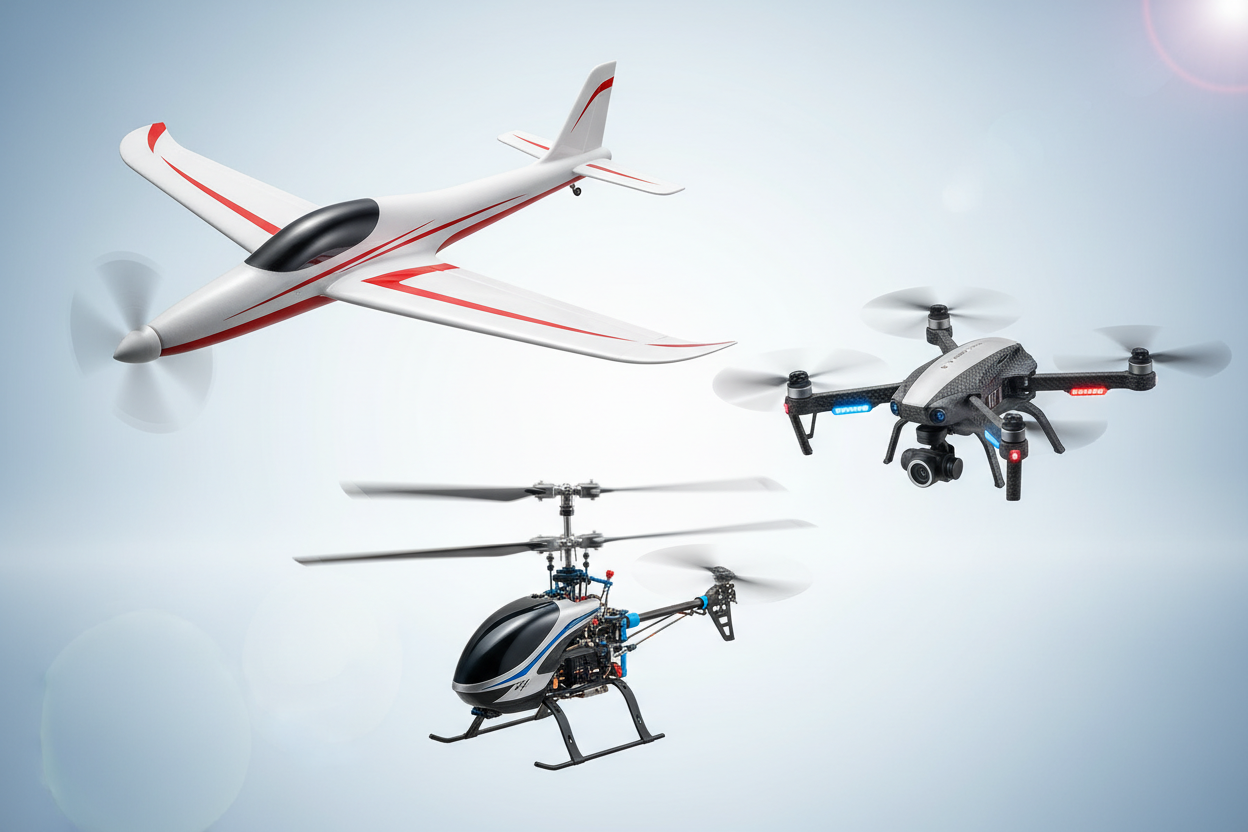 rc plane, helicopter, and drone